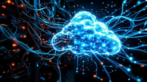 Split-screen vergelijking van oude verstrengelde netwerkkabels en moderne cloud-netwerktechnologie met lichtgevende datastromen