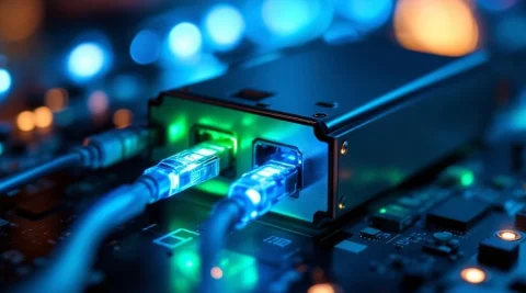 Optische transceiver module met verlichte glasvezelpoorten die blauw en groen licht uitstralen op donkere technische ondergrond