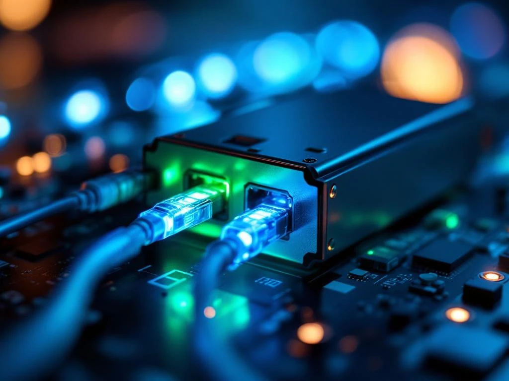 Optische transceiver module met verlichte glasvezelpoorten die blauw en groen licht uitstralen op donkere technische ondergrond