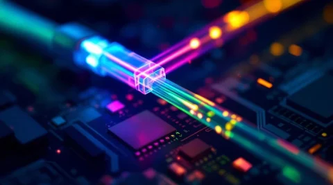 Optische vezel met gekleurde lichtstralen die WDM-technologie tonen op donkere technische achtergrond