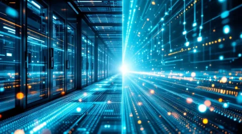 Vergelijking van privécloud en publieke cloud met verlichte glasvezelkabels in blauw en turkoois