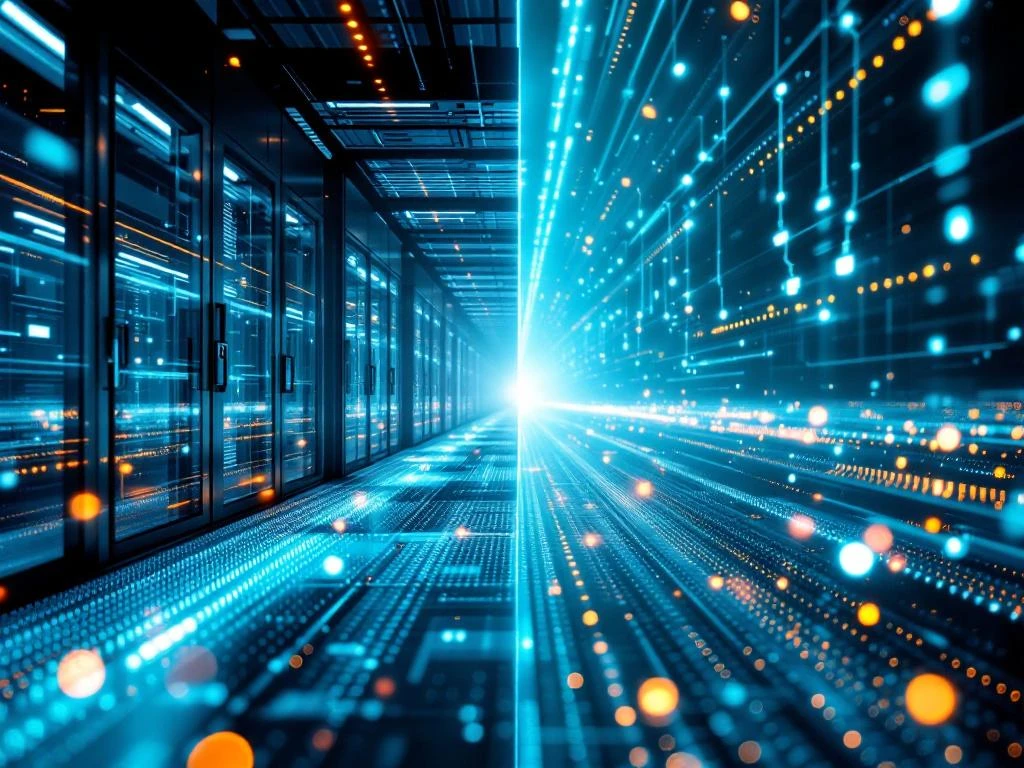 Vergelijking van privécloud en publieke cloud met verlichte glasvezelkabels in blauw en turkoois