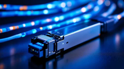QSFP optische transceiver module met metalen behuizing en glasvezelconnectoren op donkere ondergrond met blauwe kabels