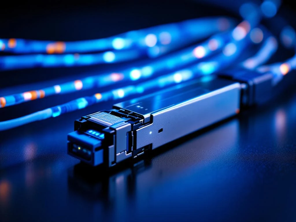 QSFP optische transceiver module met metalen behuizing en glasvezelconnectoren op donkere ondergrond met blauwe kabels