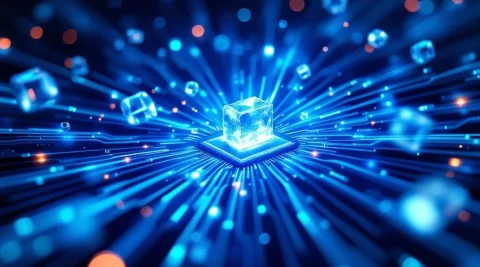 Kwantumcomputer-processor met blauwe glasvezelkabels en zwevende quantum bits tegen donkere achtergrond