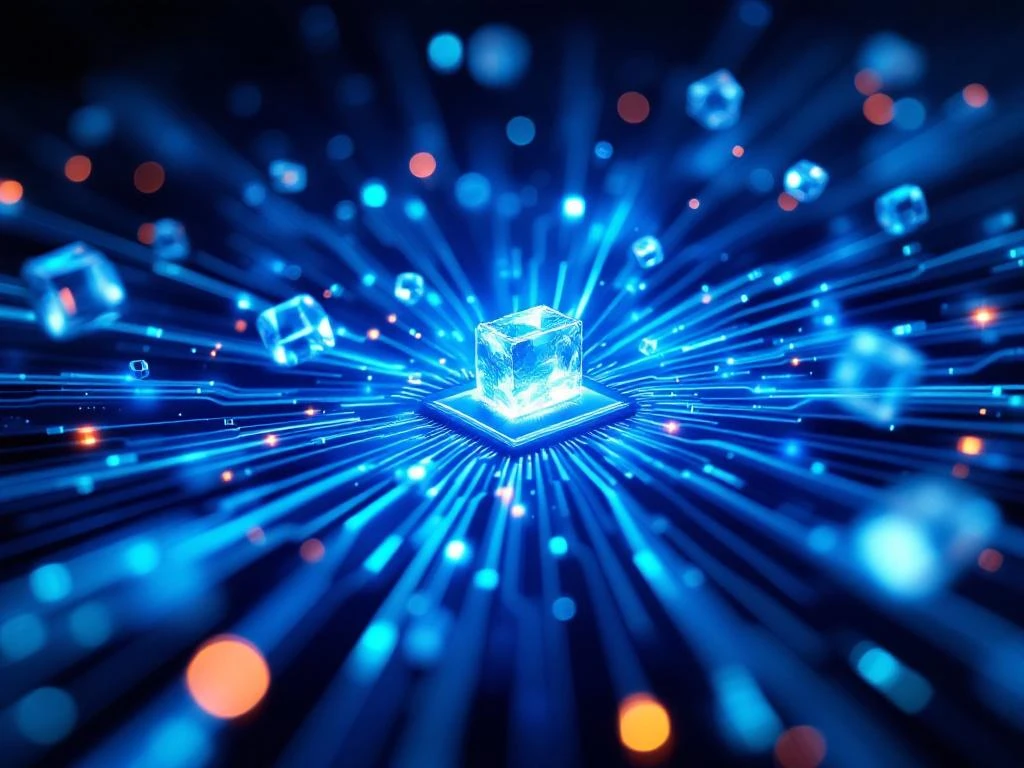 Kwantumcomputer-processor met blauwe glasvezelkabels en zwevende quantum bits tegen donkere achtergrond