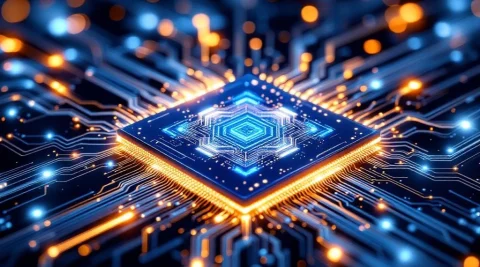 Kwantumcomputer processor chip met gloeiende circuits en glasvezelkabels in hightech netwerkomgeving