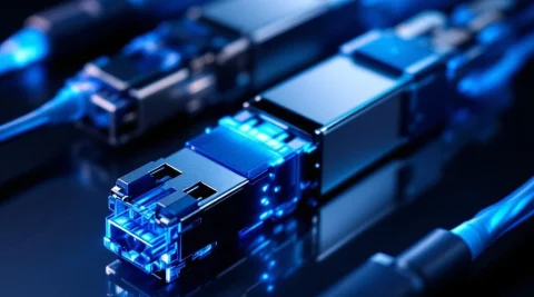 SFP netwerkmodules met metalen connectoren en glasvezelpoorten, verlicht door blauwe lichtsporen op donkere achtergrond