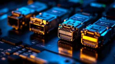 SFP netwerkmodules op donkere ondergrond, waarvan één module slijtage en verkleuring toont tegenover nieuwe modules