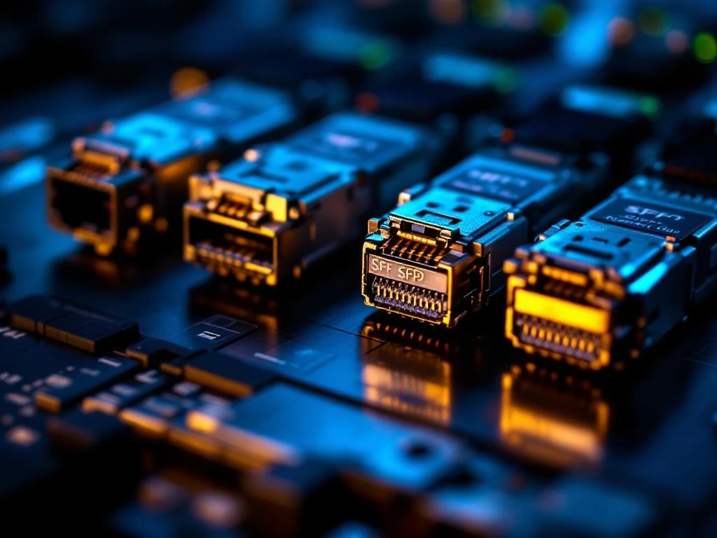 SFP netwerkmodules op donkere ondergrond, waarvan één module slijtage en verkleuring toont tegenover nieuwe modules