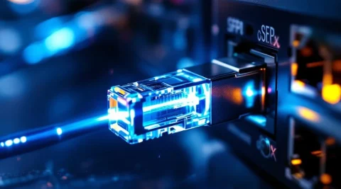 SFP optische transceiver module wordt geplaatst in netwerkswitch poort met blauw laserlicht en glasvezelkabel