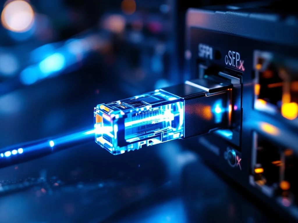 SFP optische transceiver module wordt geplaatst in netwerkswitch poort met blauw laserlicht en glasvezelkabel