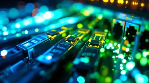SFP transceivermodules worden geïnstalleerd in netwerkswitch met gloeiende glasvezelkabels in datacenteromgeving
