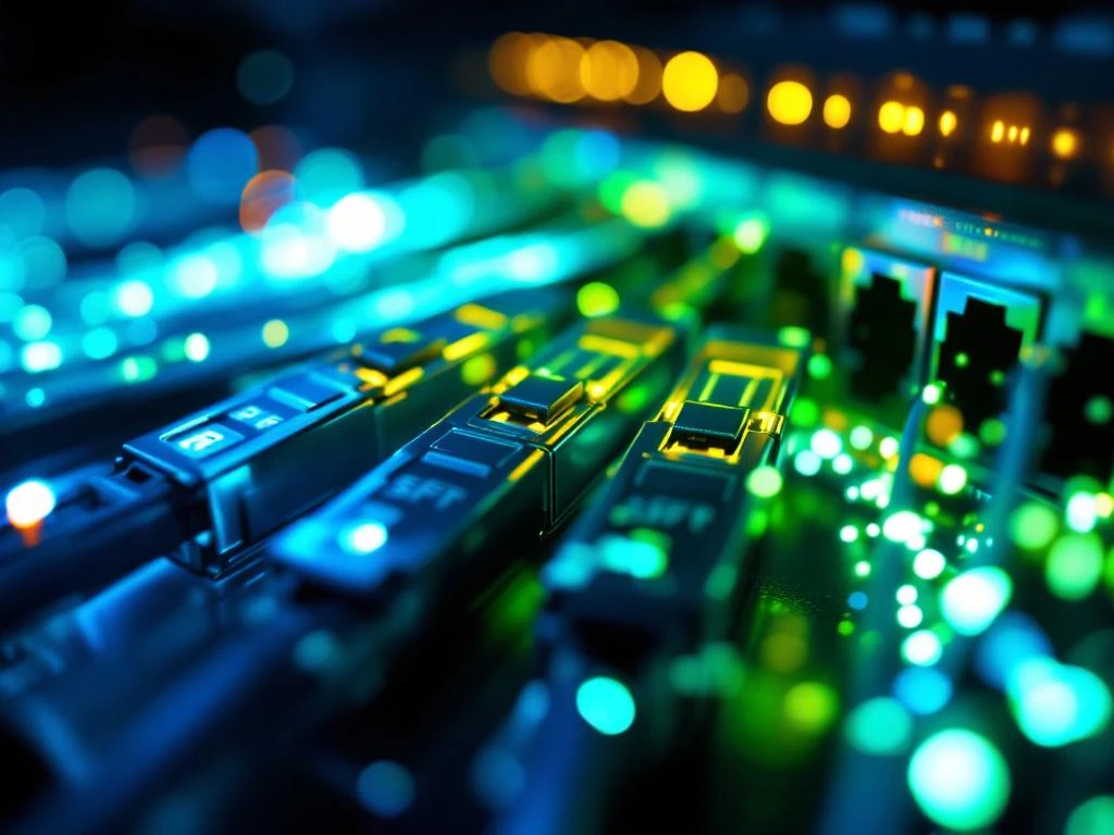 SFP transceivermodules worden geïnstalleerd in netwerkswitch met gloeiende glasvezelkabels in datacenteromgeving