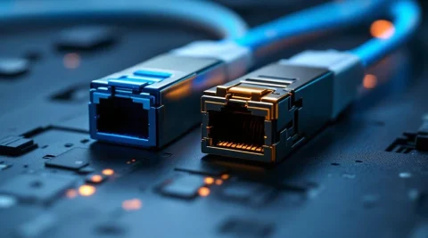 Twee netwerk transceiver modules SFP en SFP+ op donkere ondergrond met glasvezelkabels en dramatische verlichting