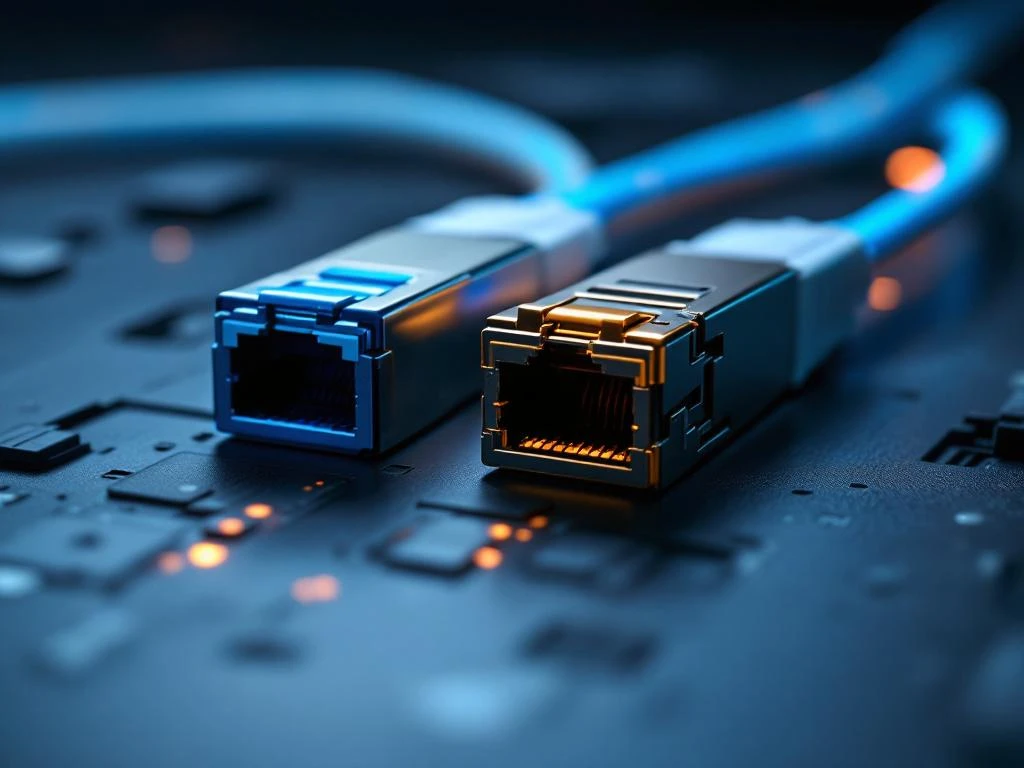 Twee netwerk transceiver modules SFP en SFP+ op donkere ondergrond met glasvezelkabels en dramatische verlichting