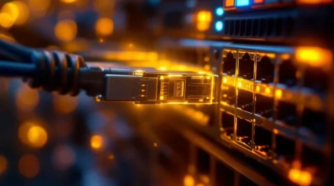 SFP optische transceivers worden aangesloten op enterprise netwerkswitch poorten met gloeiende fiber optic verbindingen