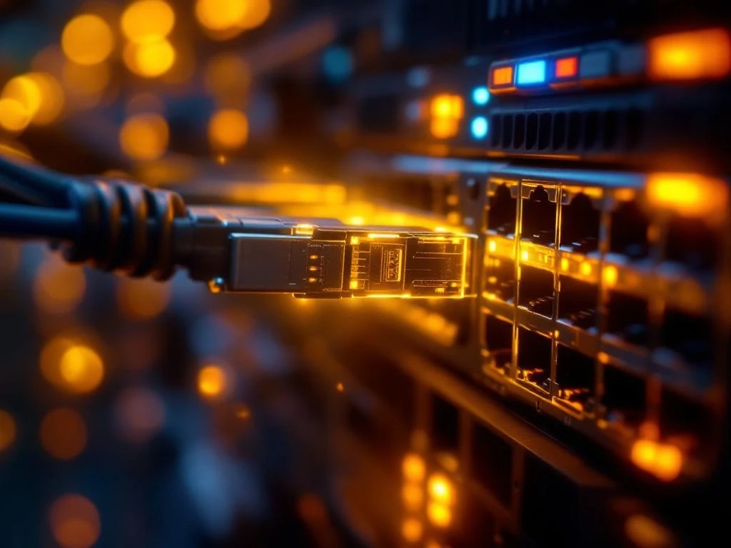 SFP optische transceivers worden aangesloten op enterprise netwerkswitch poorten met gloeiende fiber optic verbindingen