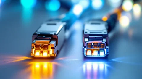 Twee SFP transceivers op witte ondergrond, één met geel singlemode licht, één met blauw multimode licht van glasvezelpoorten