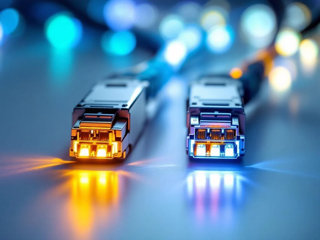 Twee SFP transceivers op witte ondergrond, één met geel singlemode licht, één met blauw multimode licht van glasvezelpoorten