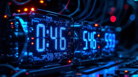 Atoomklok mechanismen met blauwe LED-displays tonen conflicterende tijdstempels tussen glasvezelkabels met rode waarschuwingslichten