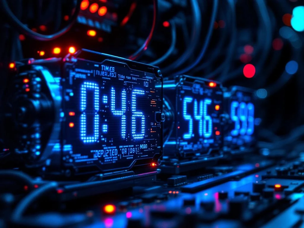 Atoomklok mechanismen met blauwe LED-displays tonen conflicterende tijdstempels tussen glasvezelkabels met rode waarschuwingslichten