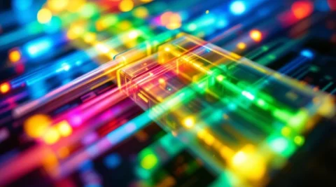 Glasvezelkabels met kleurrijke lichtstralen in blauw, groen, rood en geel die golflengtedivisie multiplexing tonen