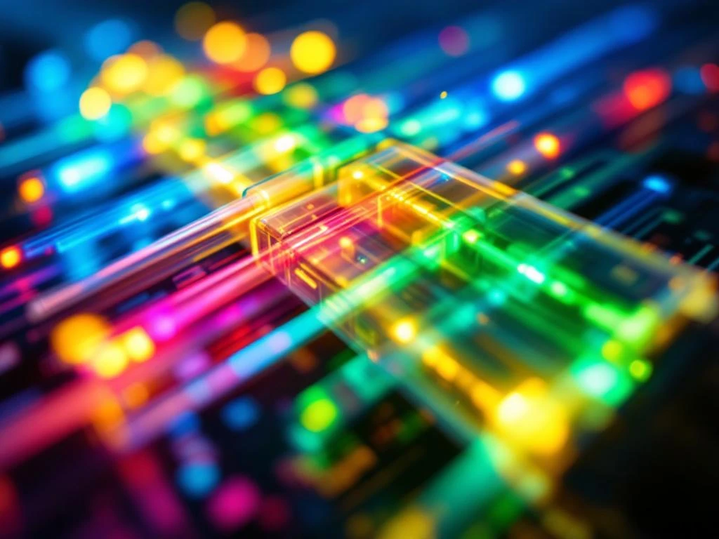 Glasvezelkabels met kleurrijke lichtstralen in blauw, groen, rood en geel die golflengtedivisie multiplexing tonen