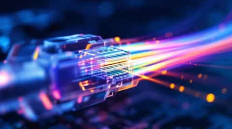 Glasvezelkabels met kleurrijke lichtstralen die gegevens transporteren door transparante vezels tegen blauwe achtergrond