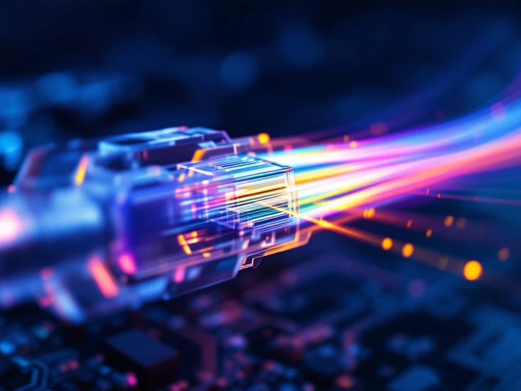 Glasvezelkabels met kleurrijke lichtstralen die gegevens transporteren door transparante vezels tegen blauwe achtergrond