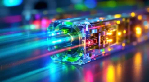 Geavanceerde glasvezel WDM-apparatuur met kleurrijke laserbundels door optische splitters in high-tech laboratorium