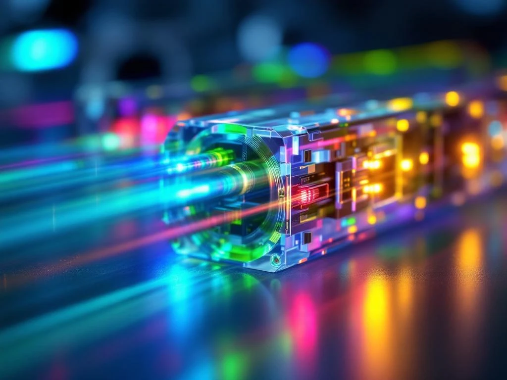 Geavanceerde glasvezel WDM-apparatuur met kleurrijke laserbundels door optische splitters in high-tech laboratorium