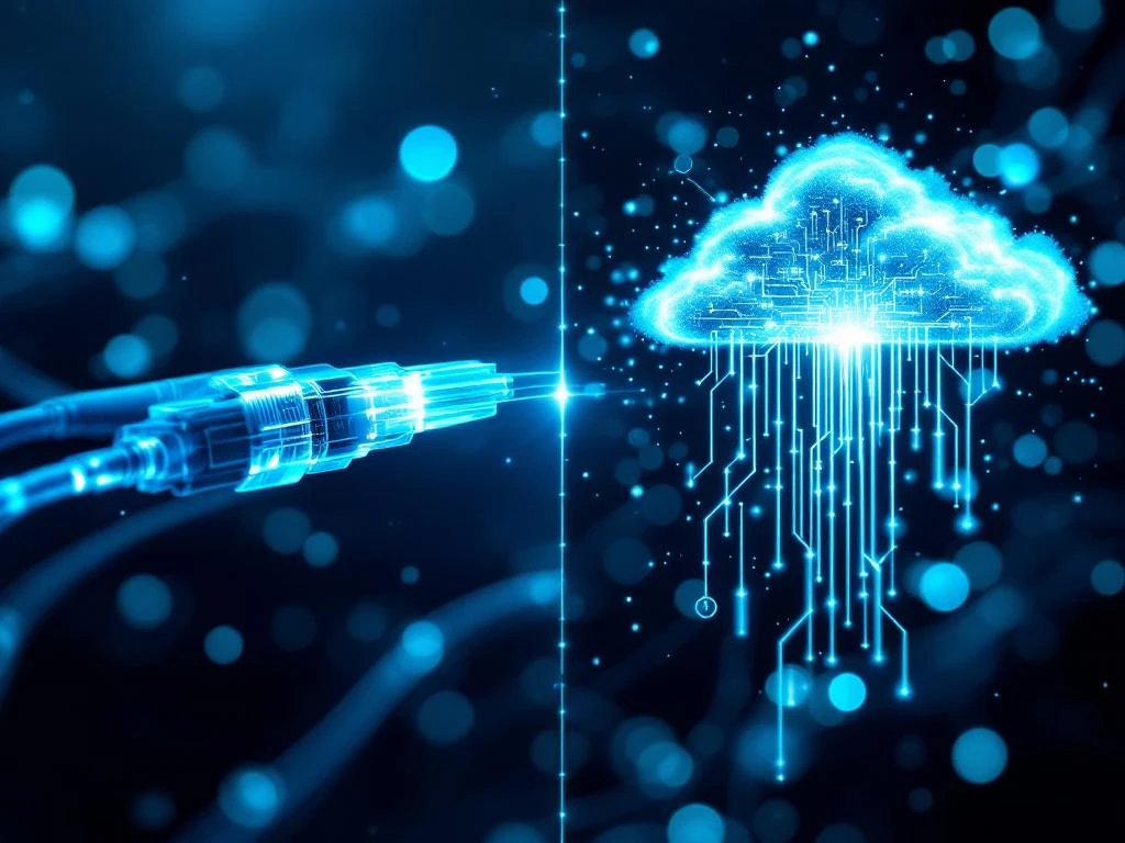 Glasvezelkabel met lichtpulsen naast cloudnetwerk met datastroom in blauw en cyaan licht
---
**Metadata**
- Type: Image Alt Text
- Language: Dutch (nl)
- Character count: 94