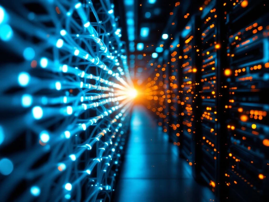 Glasvezelnetwerk gesplitst beeld: functionerende blauwe kabels links, defecte oranje waarschuwingslichten rechts