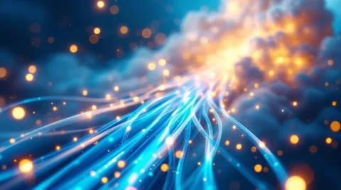 Glasvezelkabels met blauwe lichtkernen verbinden met volumetrische wolk van datastromen en lichtdeeltjes
