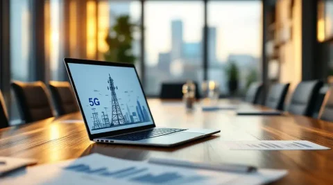 Miniatuur 5G-zendmasttoren op vergadertafel met laptop, financiële documenten en kostenanalyse in moderne kantoorruimte
