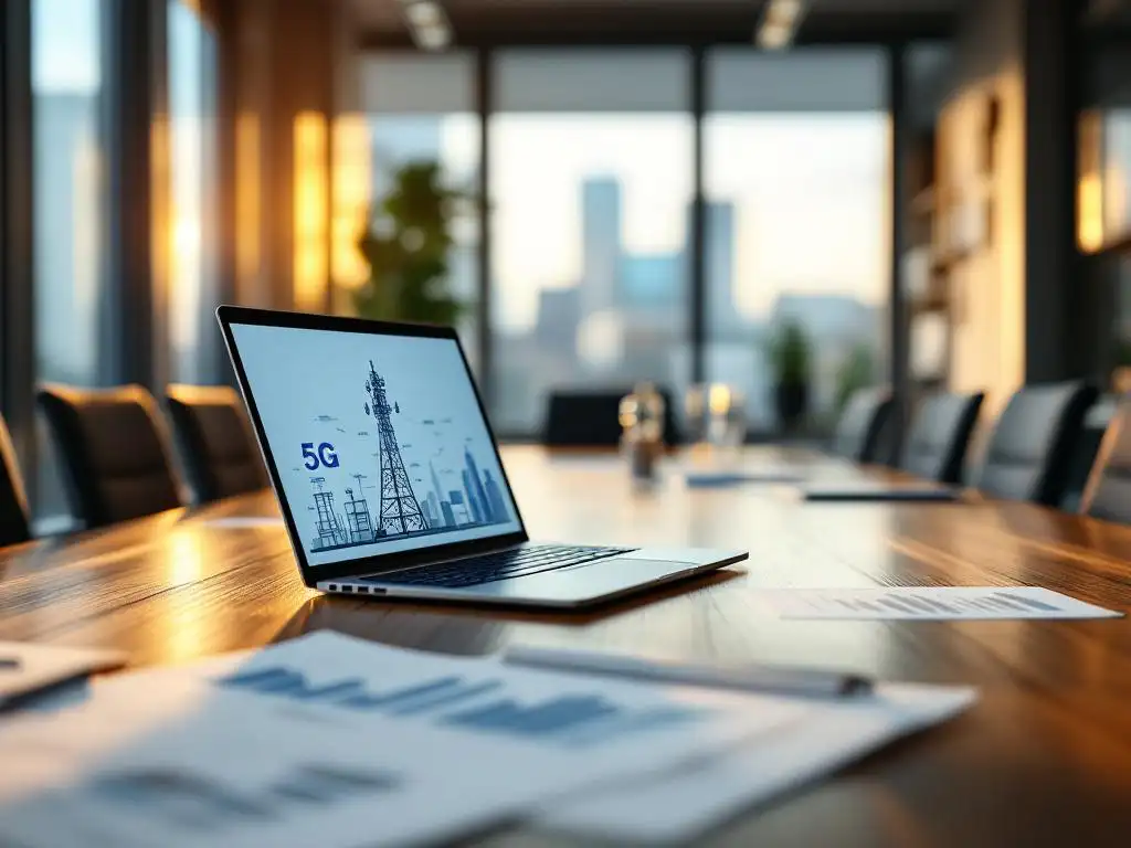 Miniatuur 5G-zendmasttoren op vergadertafel met laptop, financiële documenten en kostenanalyse in moderne kantoorruimte
