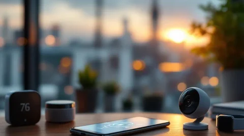 Smartphone met netwerkinterface op bureau omringd door slimme apparaten, 5G-toren zichtbaar door raam