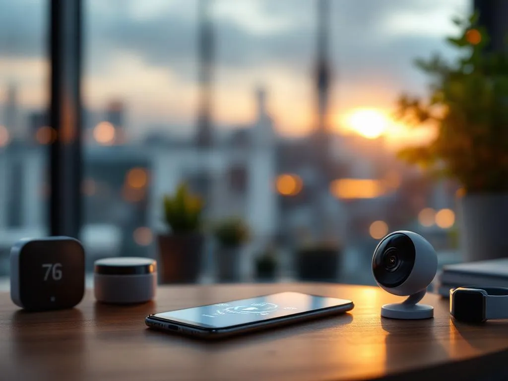 Smartphone met netwerkinterface op bureau omringd door slimme apparaten, 5G-toren zichtbaar door raam