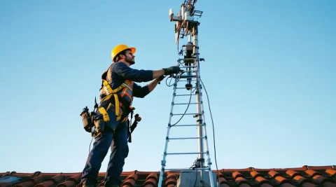 Professionele technicus in gele veiligheidsuitrusting installeert grote buitenantenne op rood pannendak tegen blauwe lucht