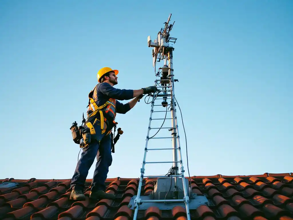 Professionele technicus in gele veiligheidsuitrusting installeert grote buitenantenne op rood pannendak tegen blauwe lucht