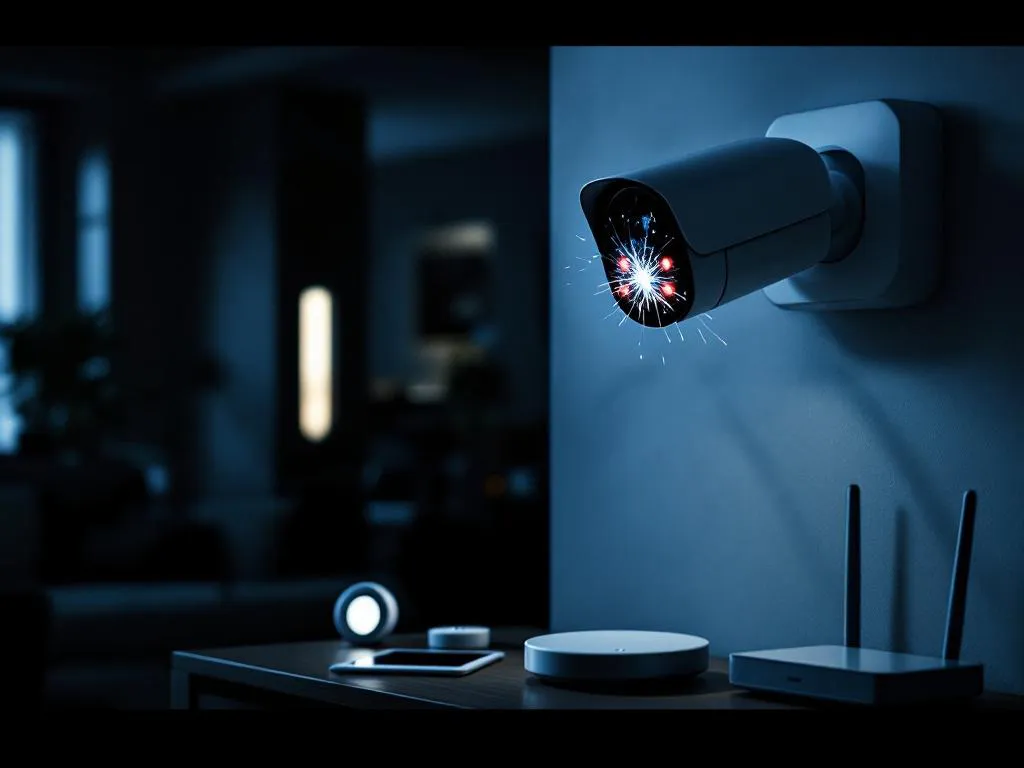 Kapotte beveiligingscamera met gebarsten lens en knipperende waarschuwingslichten boven moderne woonkamer met slimme apparaten