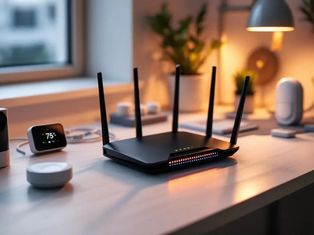 Draadloze router met LED-indicatoren op bureau omringd door slimme apparaten zoals thermostaat en beveiligingscamera