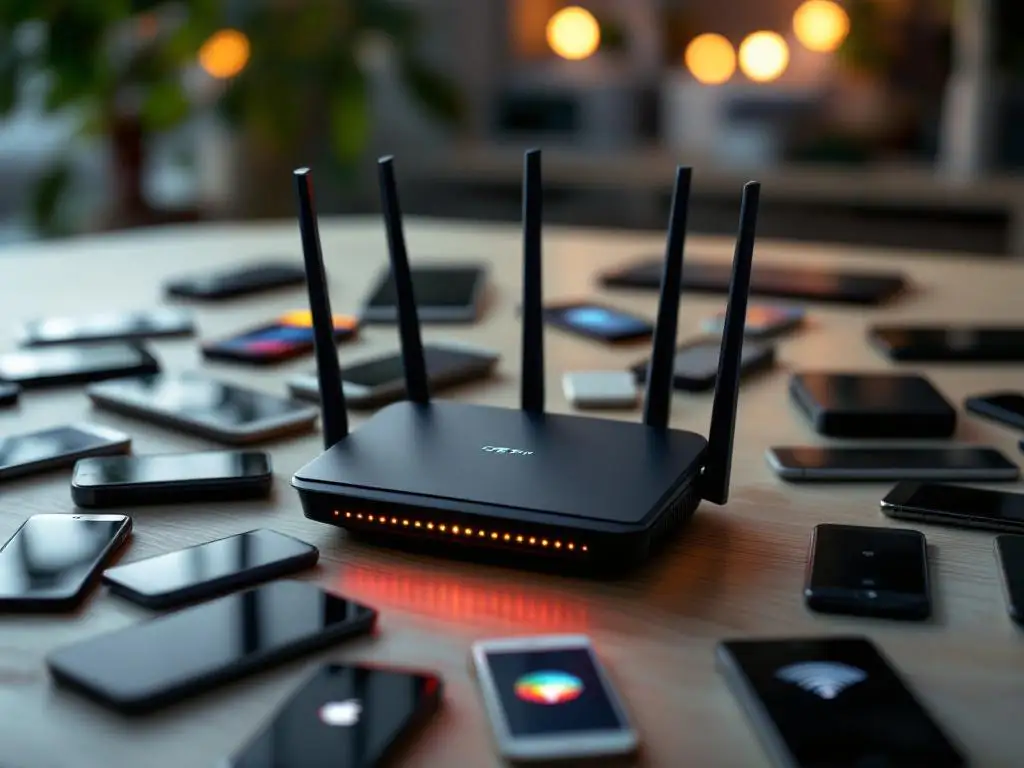 Draadloze router met meerdere antennes op bureau omringd door smartphones en tablets met zwakke signaalindicatoren