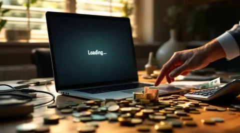 Zakenman reikt naar losgekoppelde ethernetkabel bij laptop met vastgelopen scherm en verspreide eurobankbiljetten op bureau