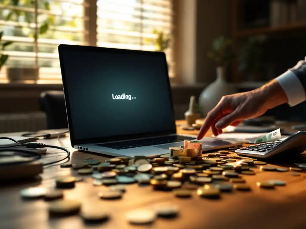 Zakenman reikt naar losgekoppelde ethernetkabel bij laptop met vastgelopen scherm en verspreide eurobankbiljetten op bureau