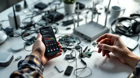 Gefrustreerde persoon met smartphone met netwerkdiagnostiek boven verwarde IoT-apparaten en knipperende router op bureau