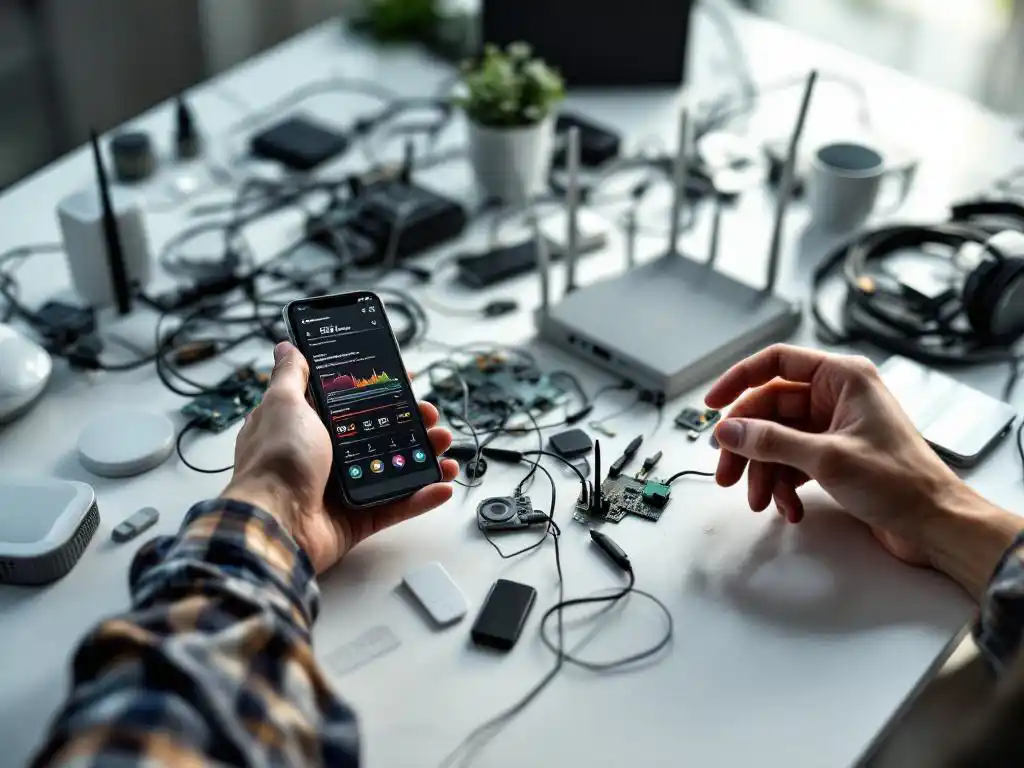 Gefrustreerde persoon met smartphone met netwerkdiagnostiek boven verwarde IoT-apparaten en knipperende router op bureau