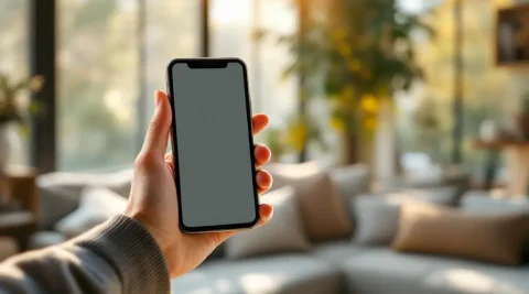 Persoon met smartphone toont volle signaalsterkte naast witte signaalversterker in moderne woonkamer