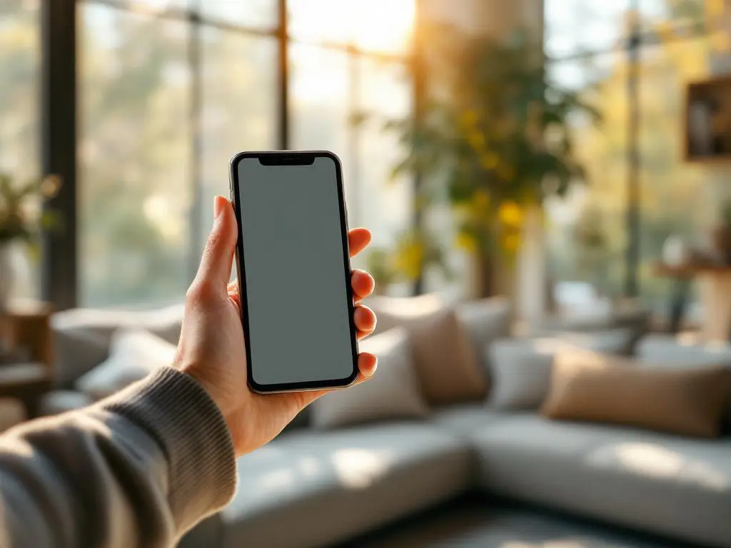 Persoon met smartphone toont volle signaalsterkte naast witte signaalversterker in moderne woonkamer